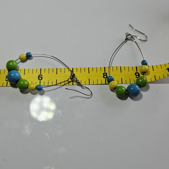 Yellow, Blue Green Silver Tone Matching Wood Beaded Earrings Bracelet Set 7.25" - Picture 13 of 16